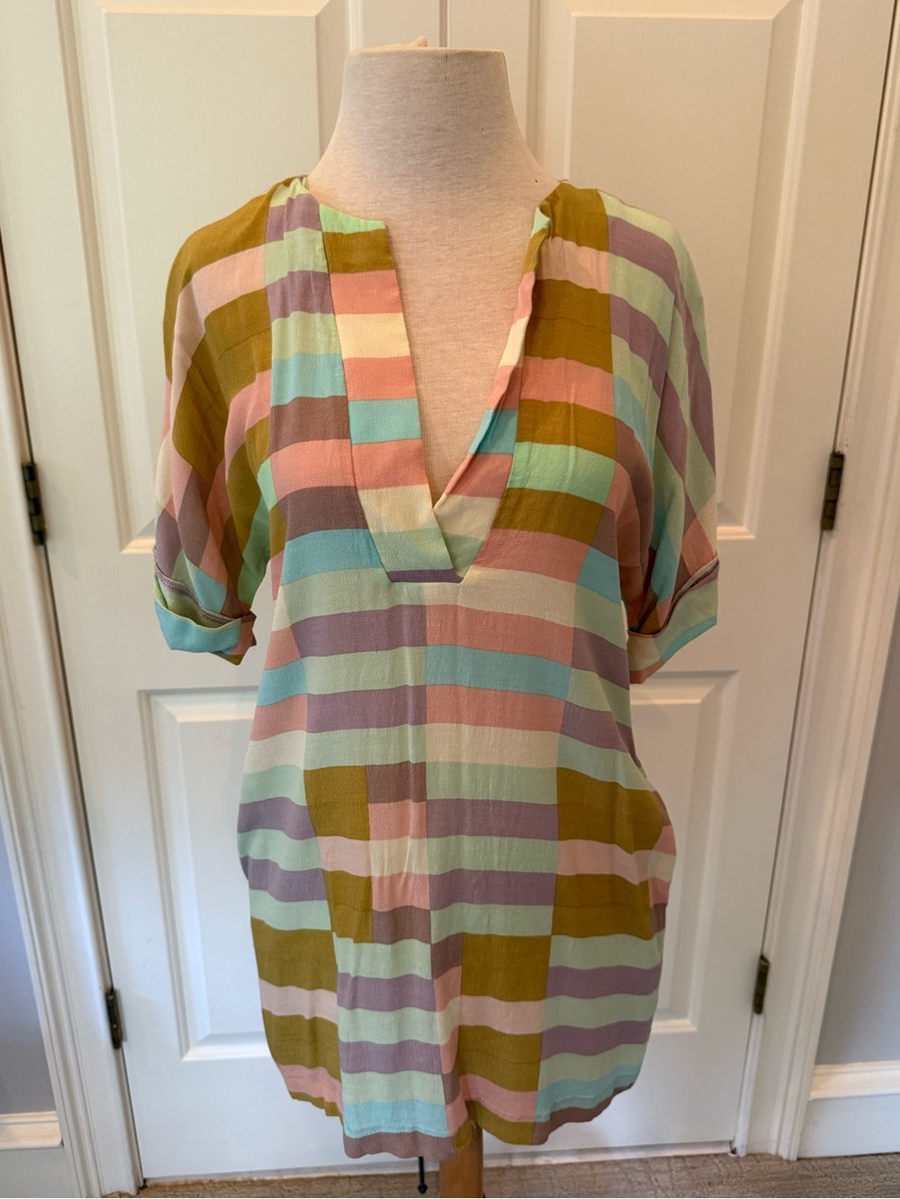 Mara Hoffman Striped V-Neck Tunic/Dress in Pastel Multicolor Stripe